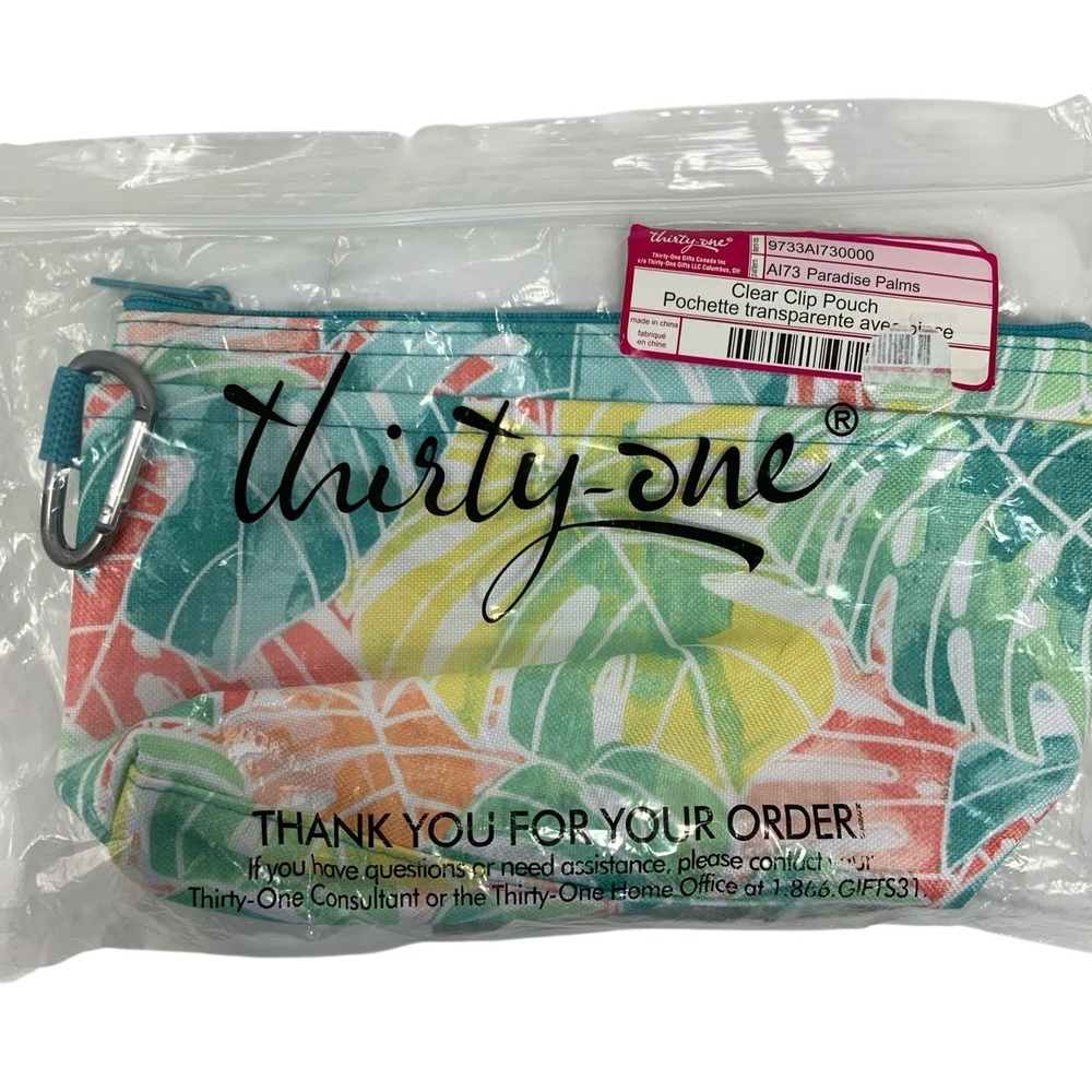 Thirty-One Clear Clip Pouch Paradise Palms Tropical Floral Small Travel Bag
